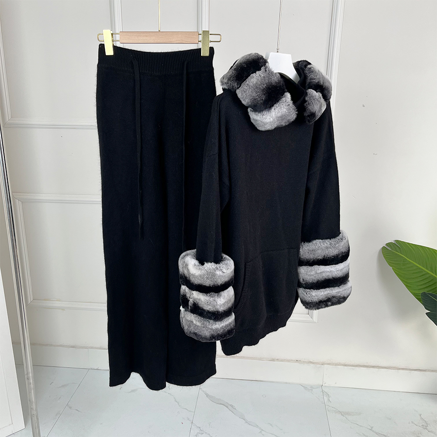 Suéter de caxemira feminino com colarinho e algemas reais de pele de coelho, terno quente de lã, inverno
