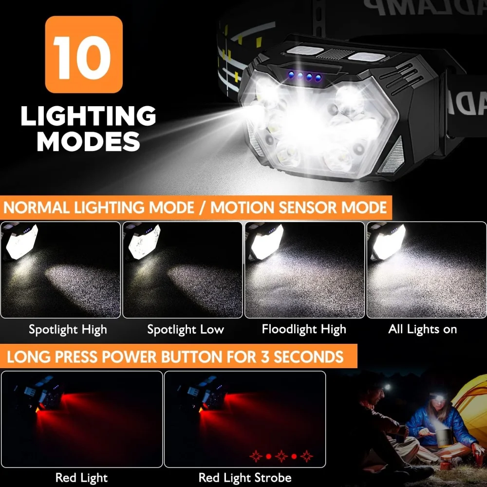Faro LED ultra luminoso con luce rossa Lampada frontale ricaricabile USB Corsa all'aperto Escursionismo Campeggio Torcia frontale Lampada frontale