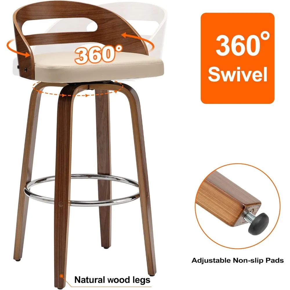 Bar Stools Set of 2,Upholstered Faux Leather, Soft Cushion Seat, Mid Century Bar Stools, Swivel Bar Height Stools