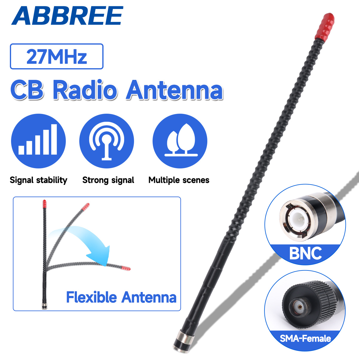 ABBREE CB Radio Antenna 27Mhz SMA-Female BNC Whip High Gain Antenna for Quansheng TK11 UV-98 PLUS RT-860  RT-880 Walkie Talkie