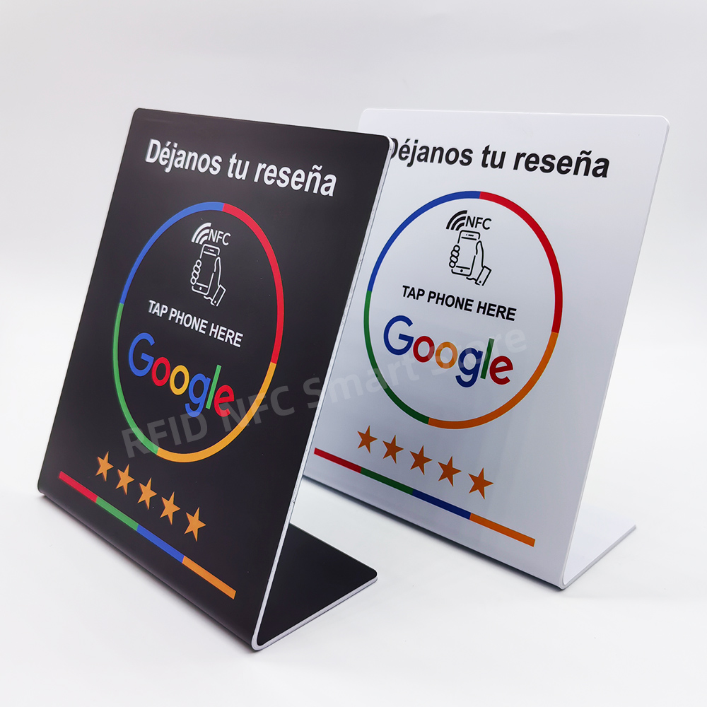 13.56Mhz programmable Google Review Card NFC station table NFC Google Reviews display card standing Déjanos tu reseña
