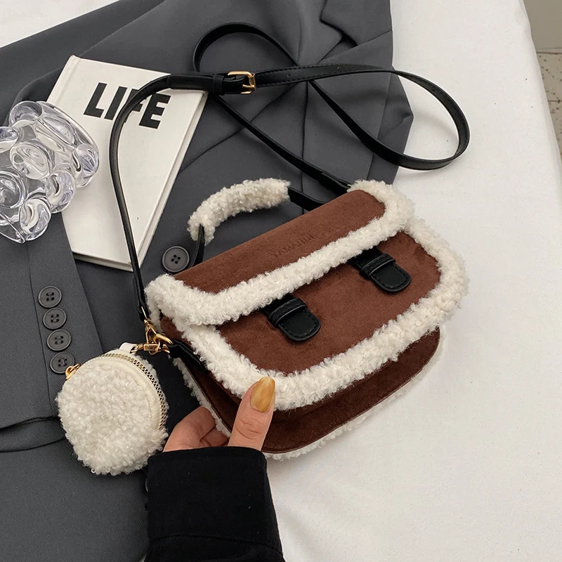 2023 Winter New Women's Plush Small Square Bag Color Contrast Design Single Shoulder Crossbody Bag Brown Handbag