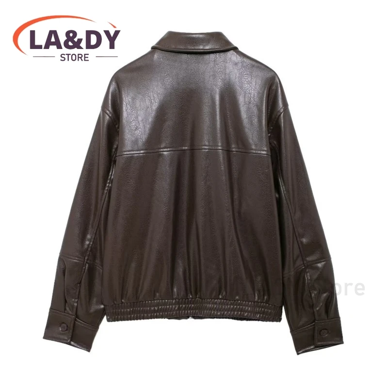 เสื้อแจ็คเก็ตหนังผู้หญิง 2024 ฤดูใบไม้ร่วงแฟชั่นLapel Zipperหญิงสีทึบลําลองแขนยาวกระเป๋าOuterwearด้านบน