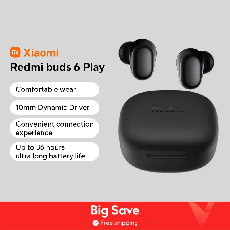 Глобальная версия Redmi Buds 6 воспроизведений до 36 часов с зарядным чехлом, 10 мм, динамическое шумоподавление Al для четких звонков, Bluetooth 5,4