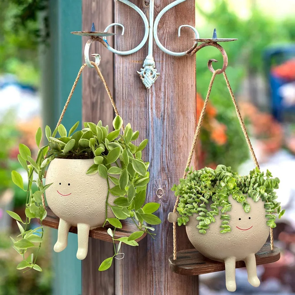 Resin Cartoon Swing Wall Hanging Flowerpot - Creative Head Planter for Home Garden Patio Decor, Multifunctional Outdoor Planters