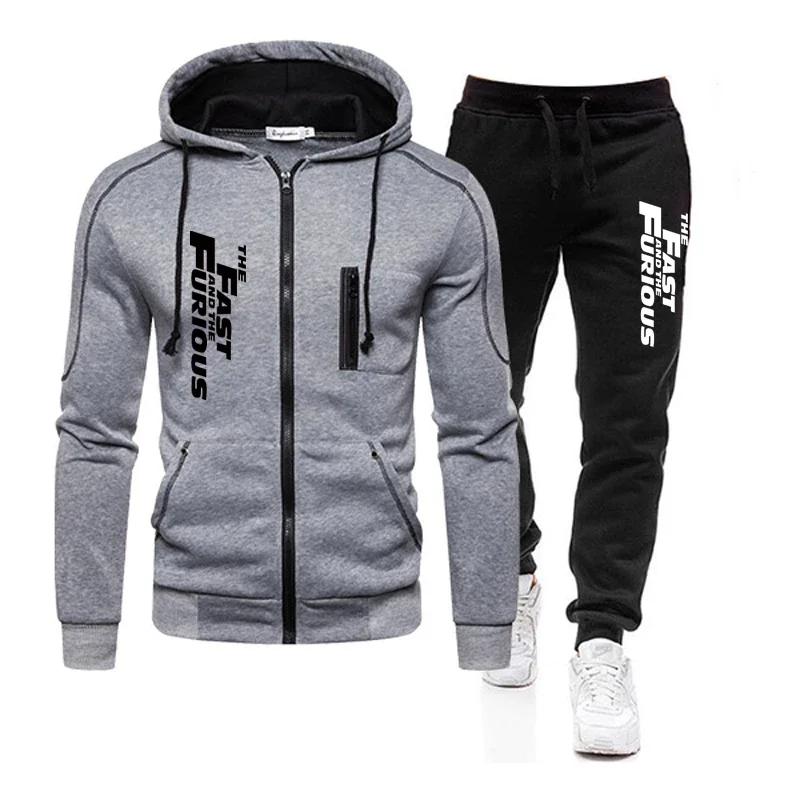 Herbst Winter Beliebter Herren-Trainingsanzug Reißverschluss Kapuzenjacke + Laufhose 2-teiliges Set Fast and Furious Print Freizeitmantel Kleidung