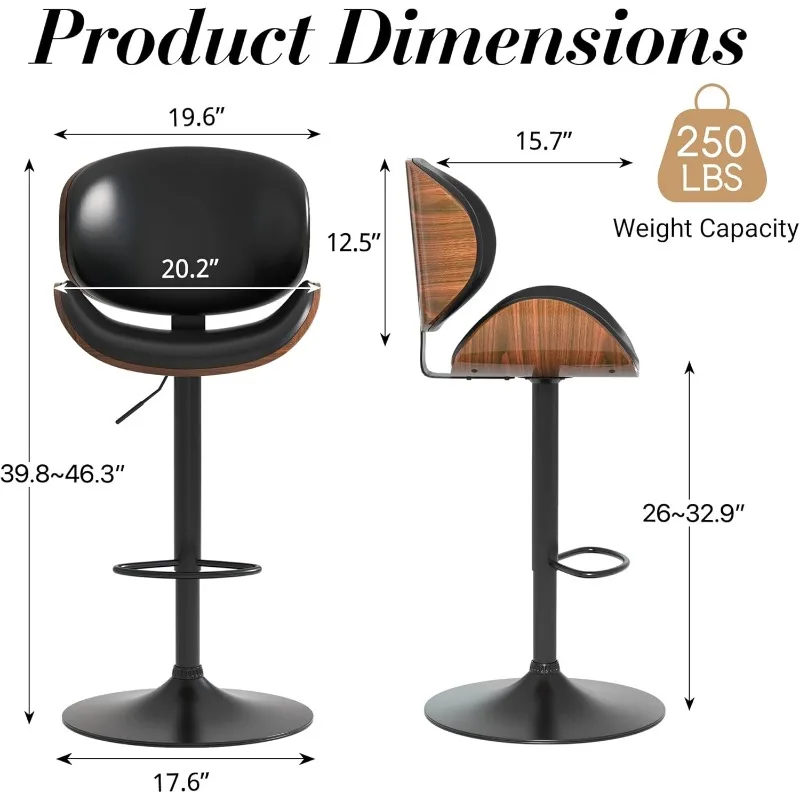 Set of 2, Swivel Adjustable Height Barstools, PU Leather Upholstered Bar Chairs with Footrest, Bentwood Bar Stool for Kitchen