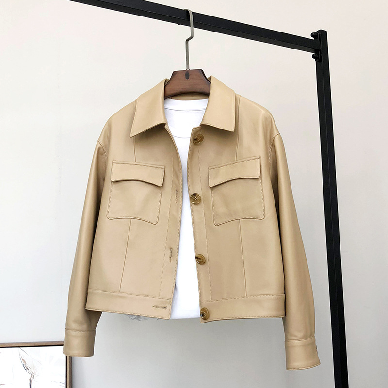 Chaqueta de cuero genuino para mujer, abrigo corto con cuello cuadrado y personalidad a la moda de piel de oveja para primavera y otoño, Kadın Deri Ceket