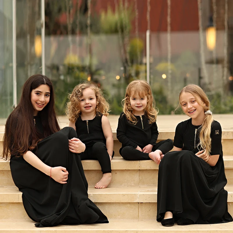 Summer black ribbed family matching clothes maxi dress baby top and pants set boy girl t-shirt outside suit kids clothing