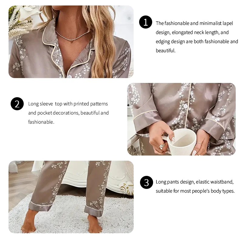 Frauen Satin Pyjama Casual Nachtwäsche Hause Kleidung Anzug Herbst Langarm Button Up Top & Hosen Nachtwäsche Loungewear Pyjama Femme