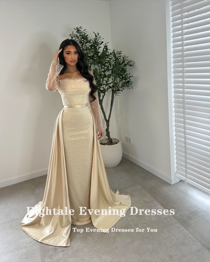 Robe de soirée de luxe, manches longues, paillettes, sirène, robe de bal avec jupe détachable, robe de soirée de mariage personnalisée