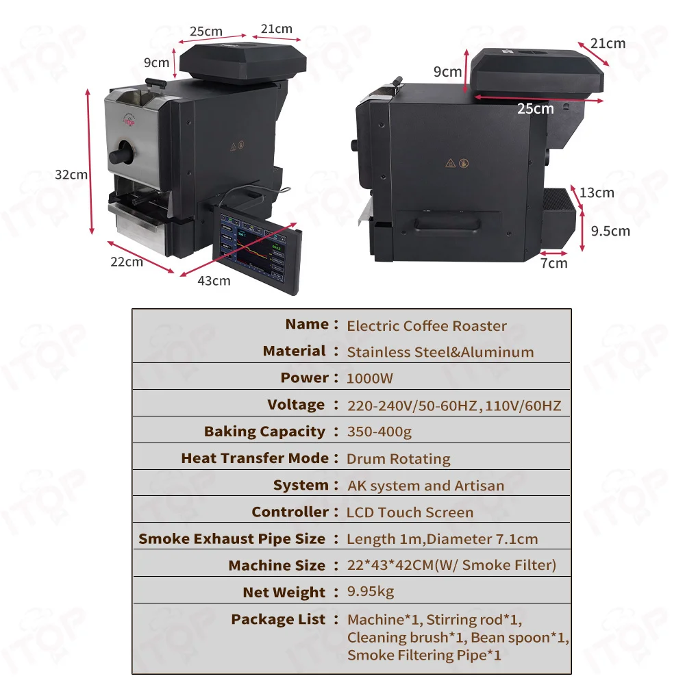 ITOP Coffee Roaster Artisan Connection IT-CBR-2 Electric Coffee Bean Roaster 4 Modes With Cooler Smoke Filter Roaster 500g 1000W