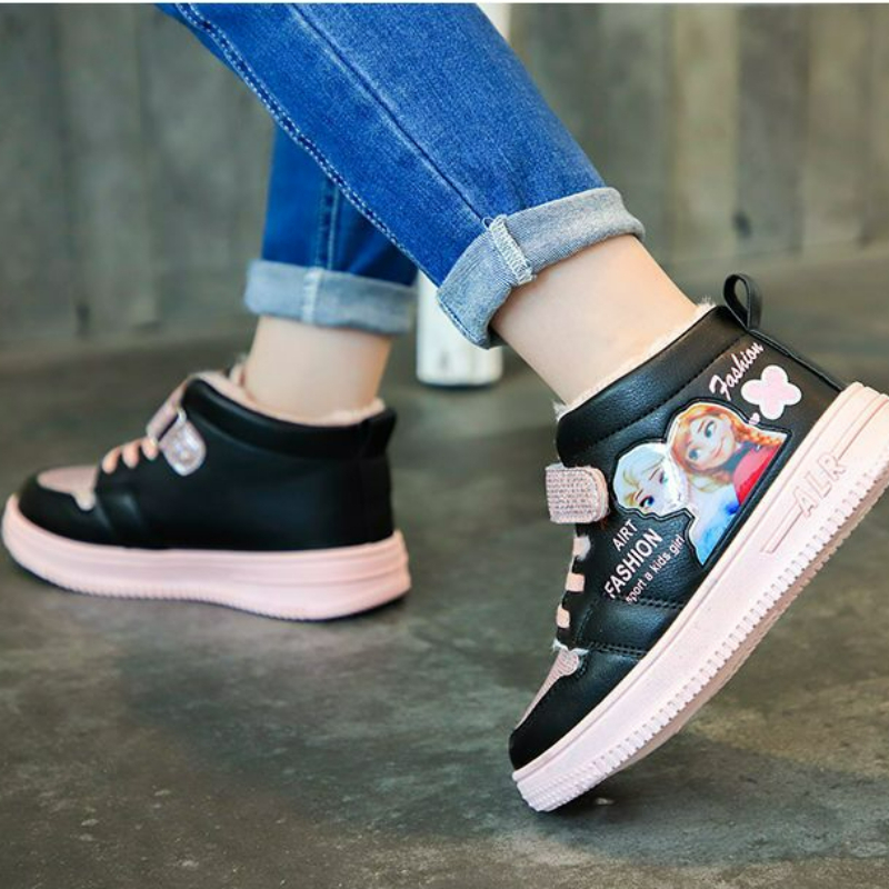 ディズニー子供冬アンクルスノーブーツ漫画プリンセスエルザ冷凍ピンクカジュアルシューズ女の子のための暖かい屋外靴サイズ 26-37