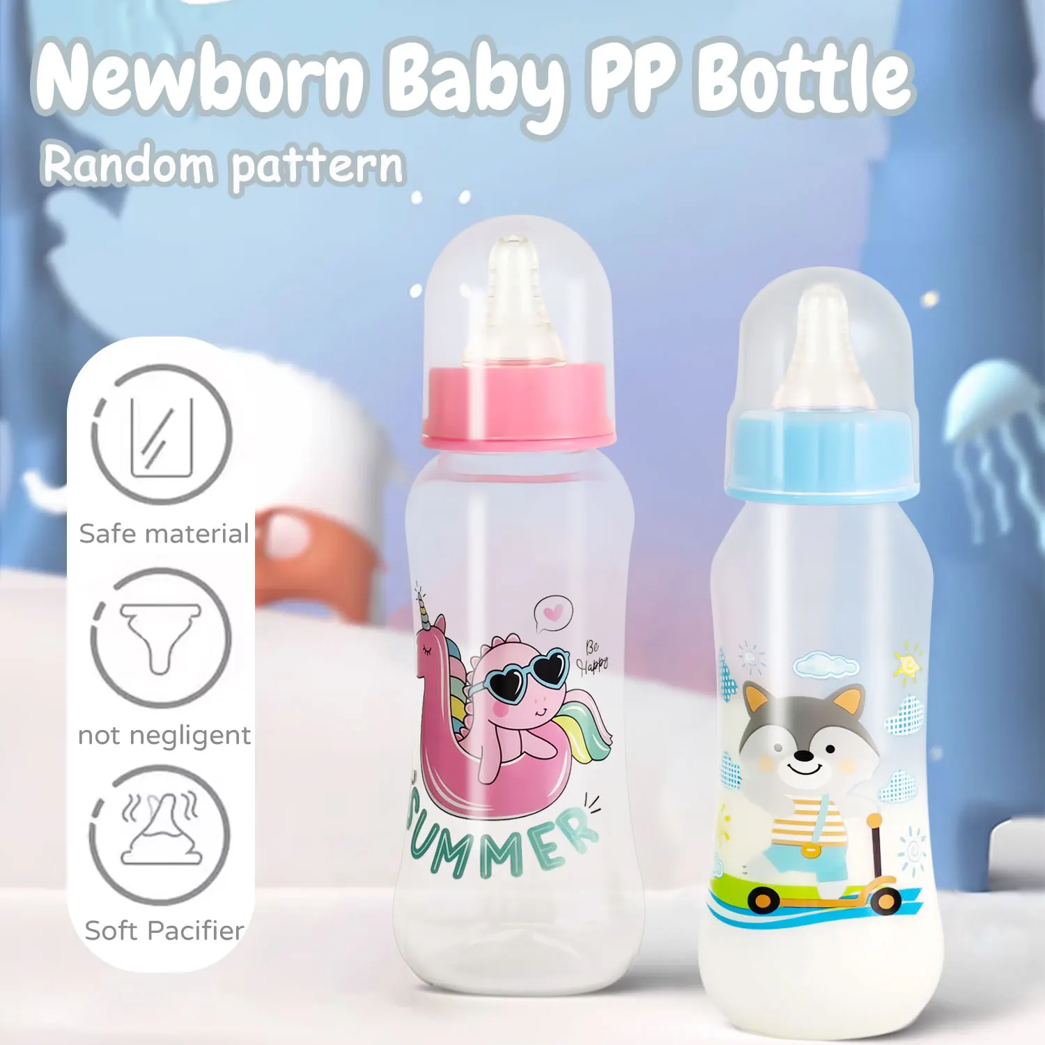 250 ml Neugeborenen-Babyflasche, auslaufsichere Baby-Cartoon-PP-Flasche, sichere und langlebige Flasche, BPA-frei, zufälliges Muster