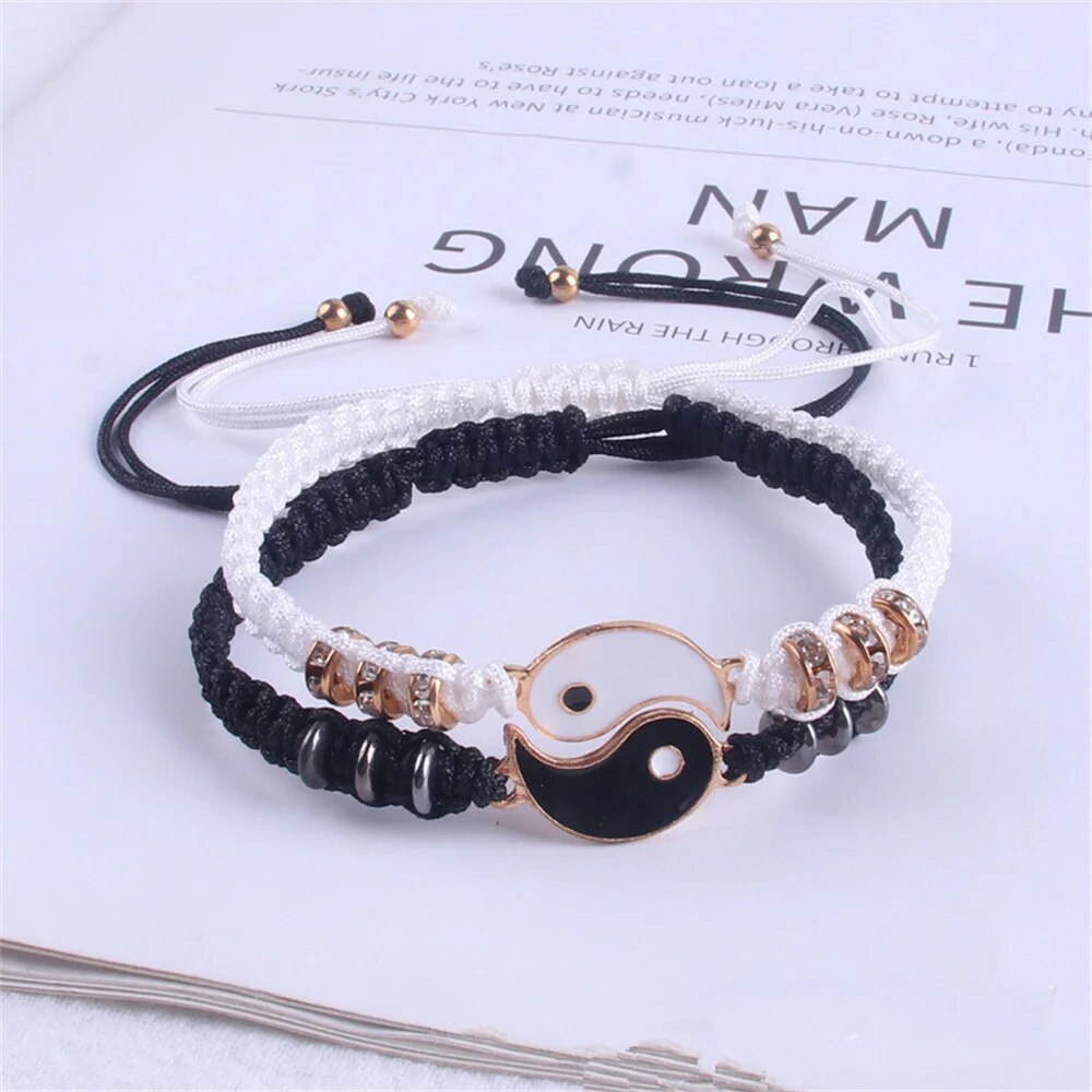 Ensemble de bijoux pour Couple, 2 pièces, noir et blanc, Bracelet Tai Chi, corde, chaîne réglable, Style Simple, usage quotidien