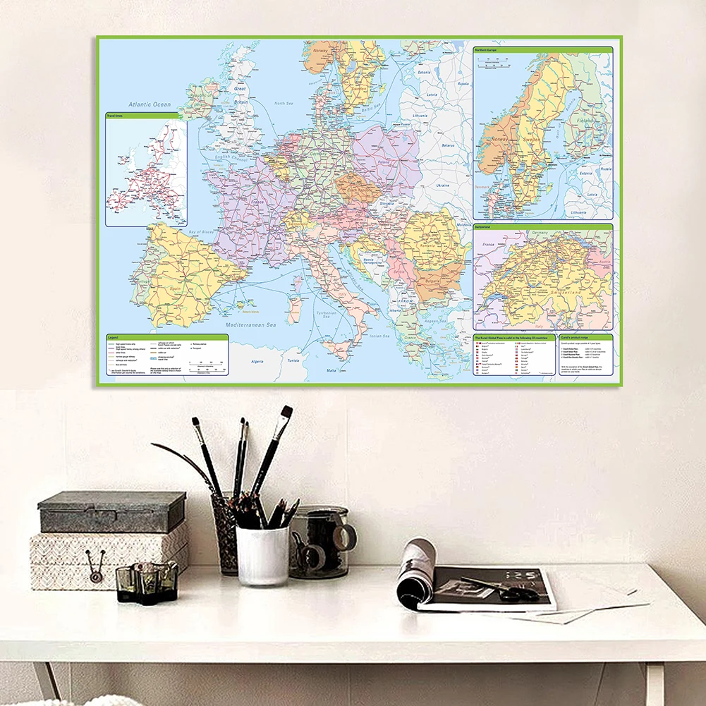 225*150Cm Trong Châu Âu Chính Trị Và Tuyến Giao Thông Bản Đồ Treo Tường Poster Không Dệt Tranh Canvas Đồ Dùng Học Tập lớp Học Trang Trí Nhà