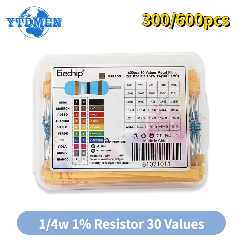 300/600 Uds 1/4w resistencia de película metálica 30 valores Kit de resistencia 10R-1M 0,25 W 1% juego de resistencias con caja