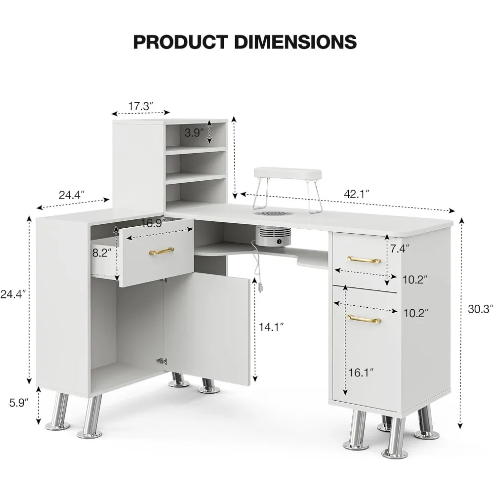 Manicure Table with Shelves, L-Shaped Nail Table Station w/Electric Downdraft Vent, Foldable Nail Arm Rest, Storage Cabinets