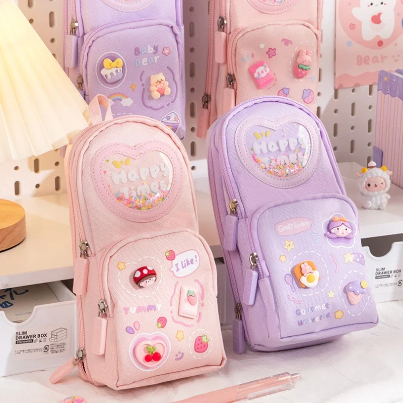 Handheld Backpack Pencil Case Cute Cartoon Dirt Resistant Canvas Three-layer Large Capacity Stationery Bag Storage Bag