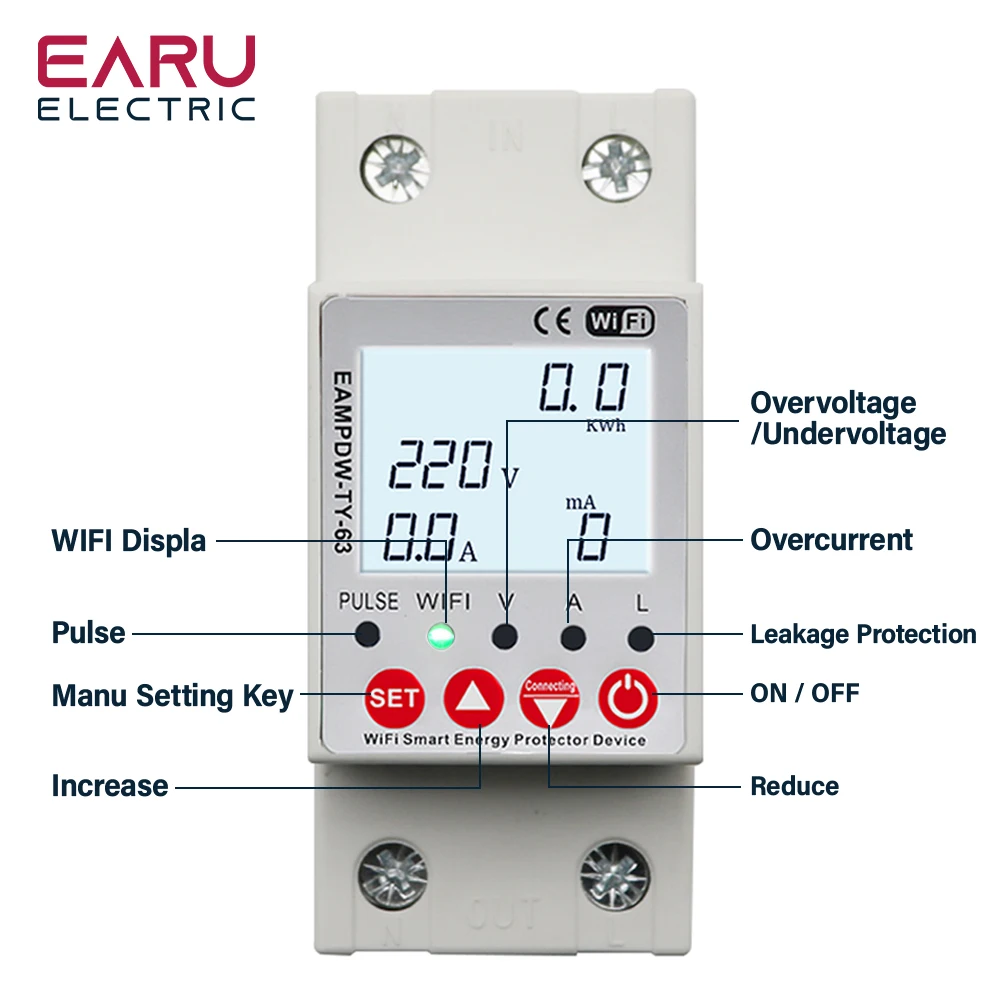 2P 63A TUYA APP WiFi Smart Circuit Earth Leakage Over Under Voltage Protector Relay Device Switch Breaker Energy Power KWh Meter