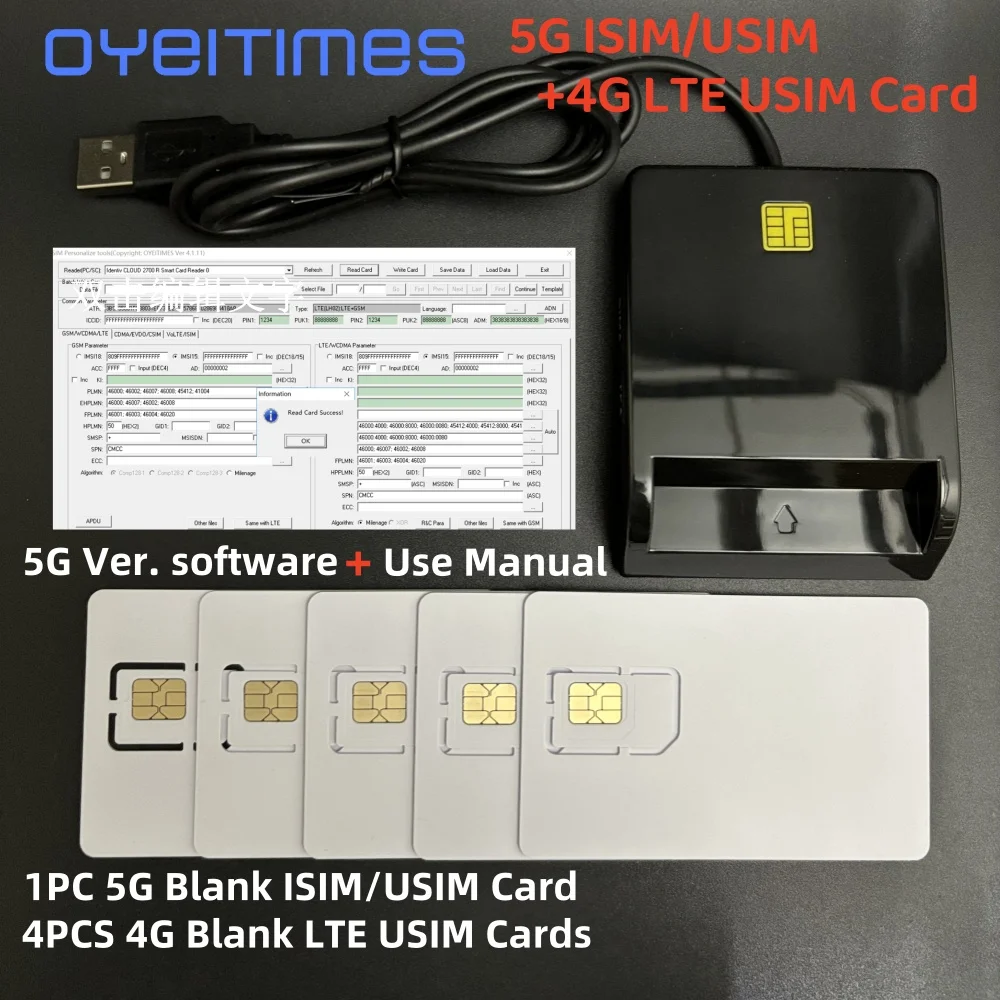 Czytnik kart SIM OYEITIMES + 4 szt. 2FF/3FF/4FF programowalne puste karty USIM 4G LTE puste karty USIM 5G ISIM + wersja 4.2.11 Oprogramowanie