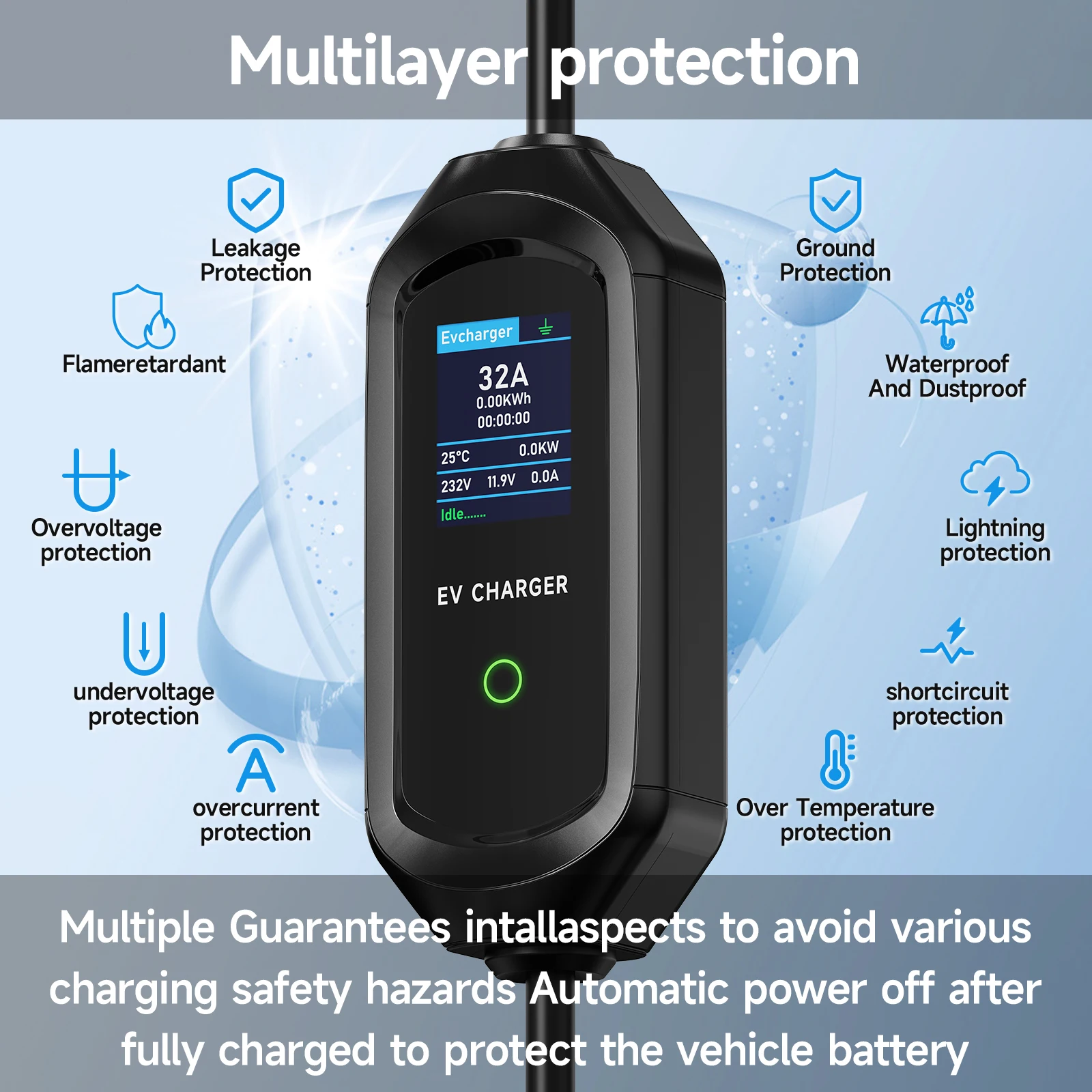 AFYEEV 32A 7.2KW Type2 Type1 EV cargador portátil GB/T cargador de vehículo eléctrico EVSE Cable de carga WiFi Bluetooth APP Control