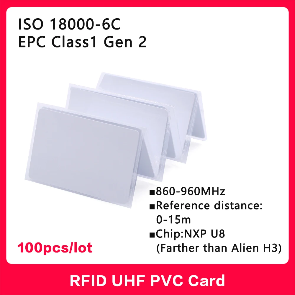 Etiqueta uhf rfid 18000-6c 860-960mhz rfid uhf pvc cartão nxp u8 chip etiqueta eletrônica h3 alienígena de longo alcance 915 mhz alta qualidade 100 peças