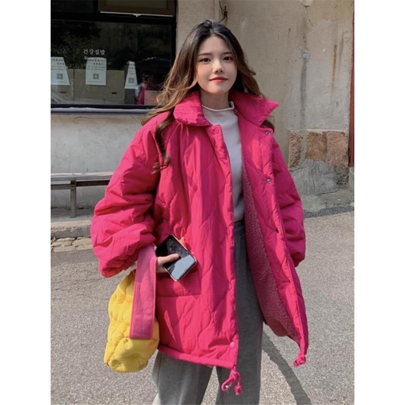 軽量コットンジャケットの女性の冬のドラゴンフルーツカラールーズ BF スタイルパンコート綿アウター女性春シーズン