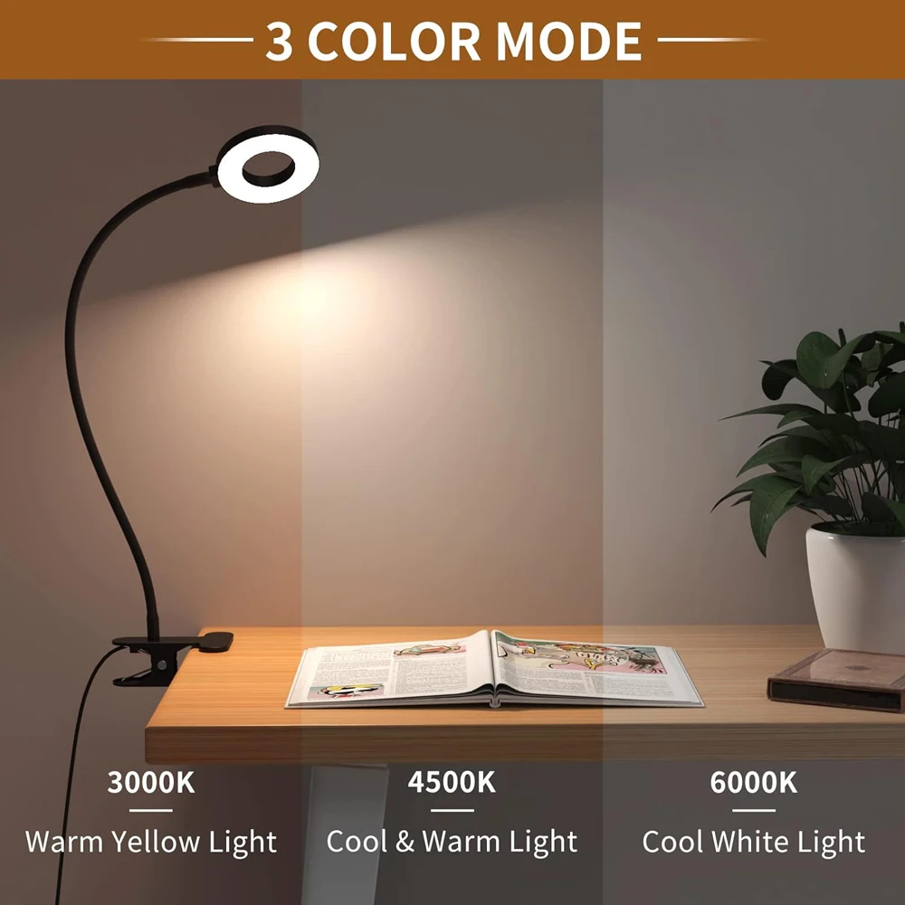 48 LED USB Luz de libro Clip Lámpara de escritorio Luz de lectura con 3 modos de color 10 Atenuador de brillo 360 °   Lámpara de noche de cama con cuello de cisne flexible