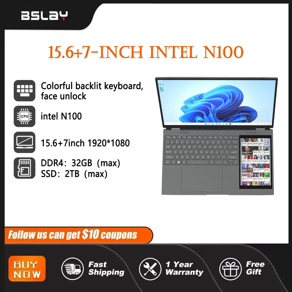 15.6-inch+7-inch laptop dual screen facial recognition business, RAW 32GB SSD 2TB DDR4， 180 ° backlit high-definition touch scre