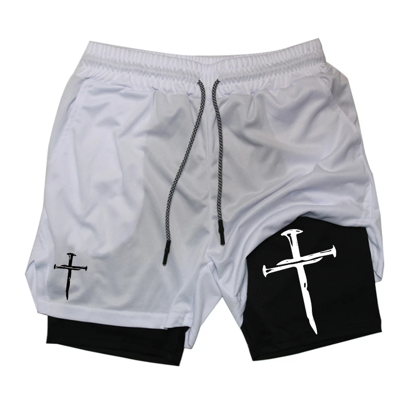 Cross Graphic 2 in 1 กางเกงขาสั้นวิ่งออกกําลังกายสําหรับผู้ชาย Christian Gym Performance กางเกงขาสั้นพร้อมกระเป๋าโทรศัพท์ผ้าเช็ดตัว Loop Active Wear