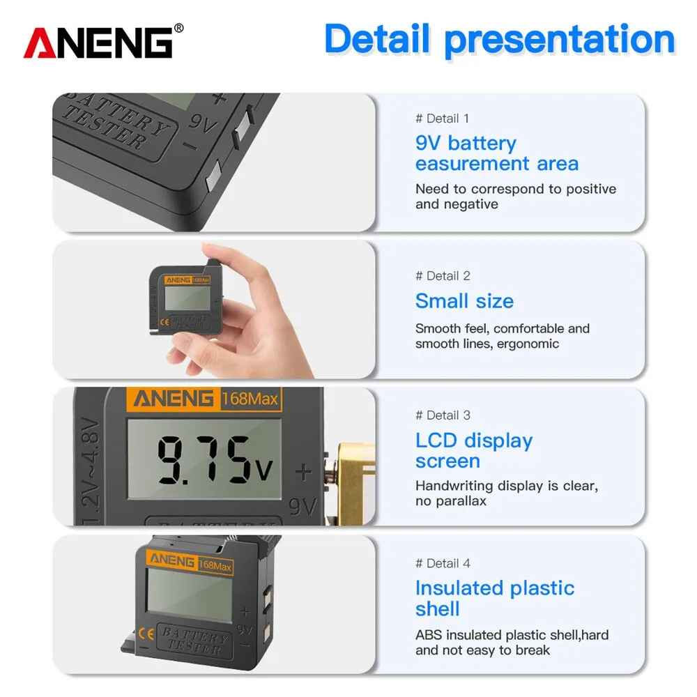 Aneng เครื่องทดสอบแบตเตอรี่ลิเธียมแบบดิจิตอล, เครื่องทดสอบแบตเตอรี่ลิเธียมแบบสากล168Max เครื่องวิเคราะห์โหลดลายตารางหมากรุกเครื่องวิเคราะห์โหลดเซลล์ปุ่มตรวจสอบ AAA