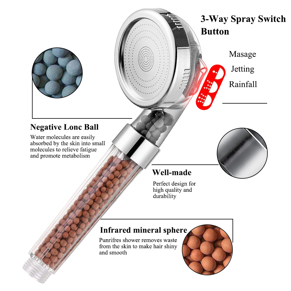 Zhangji 3 funções de alta pressão spa cabeça chuveiro poupança água handheld chuvas acessório do banheiro filtro ânion chuveiro
