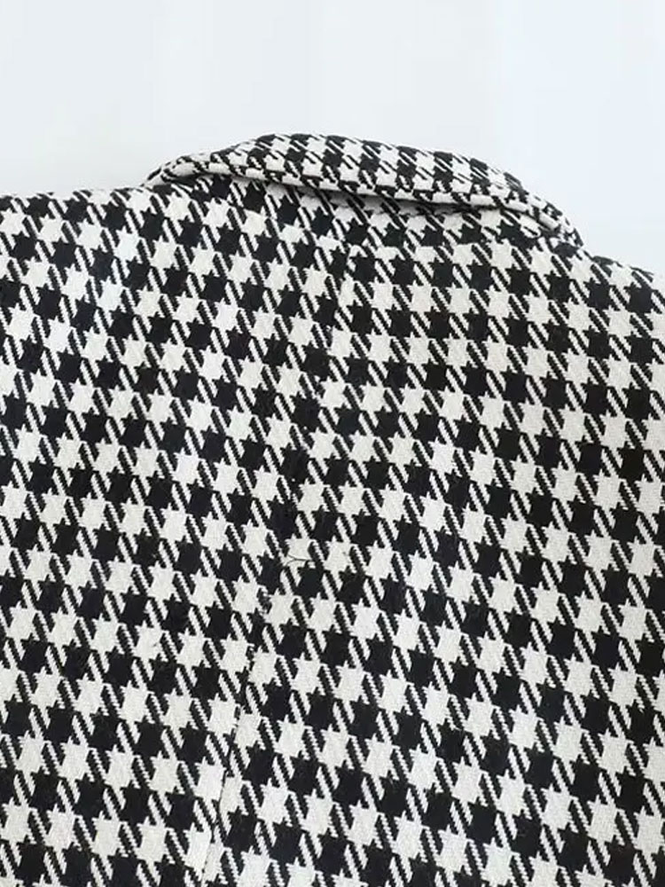 Moda feminina duplo breasted houndstooth blazer casaco vintage manga longa bolsos com aba feminino outerwear chique coletes