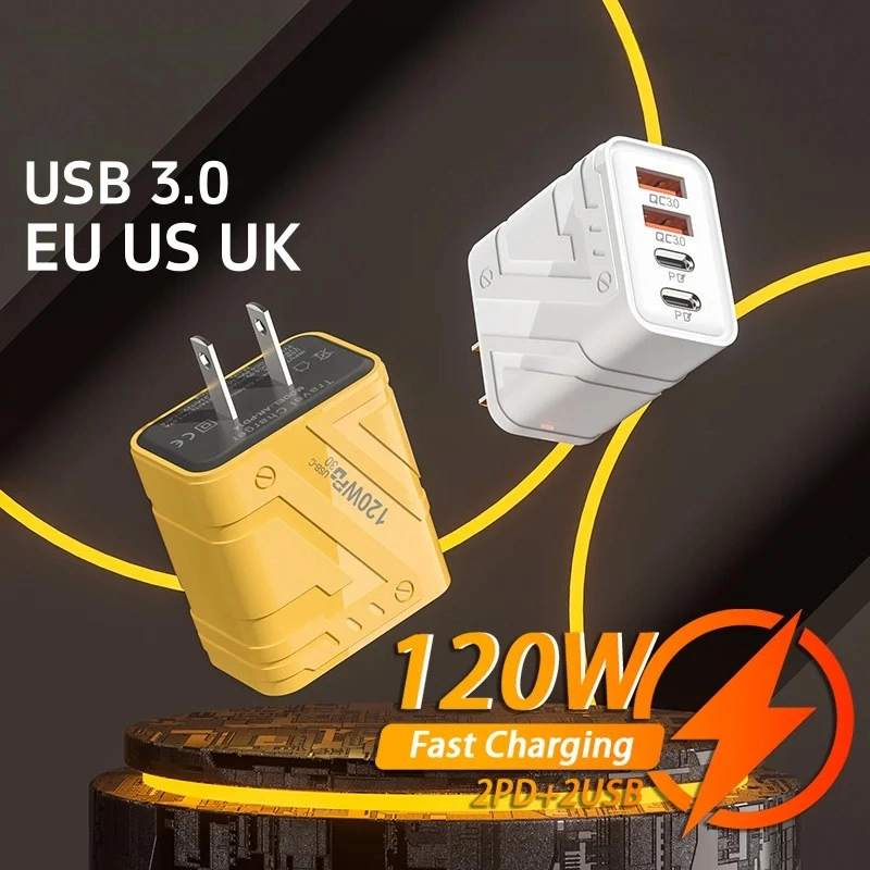 4 in 1 120W Fast Charging Charger Multi Ports USB Type C Charger Adapter For IPhone 16 15 Samsung Xiaomi Quick Charge Adapter