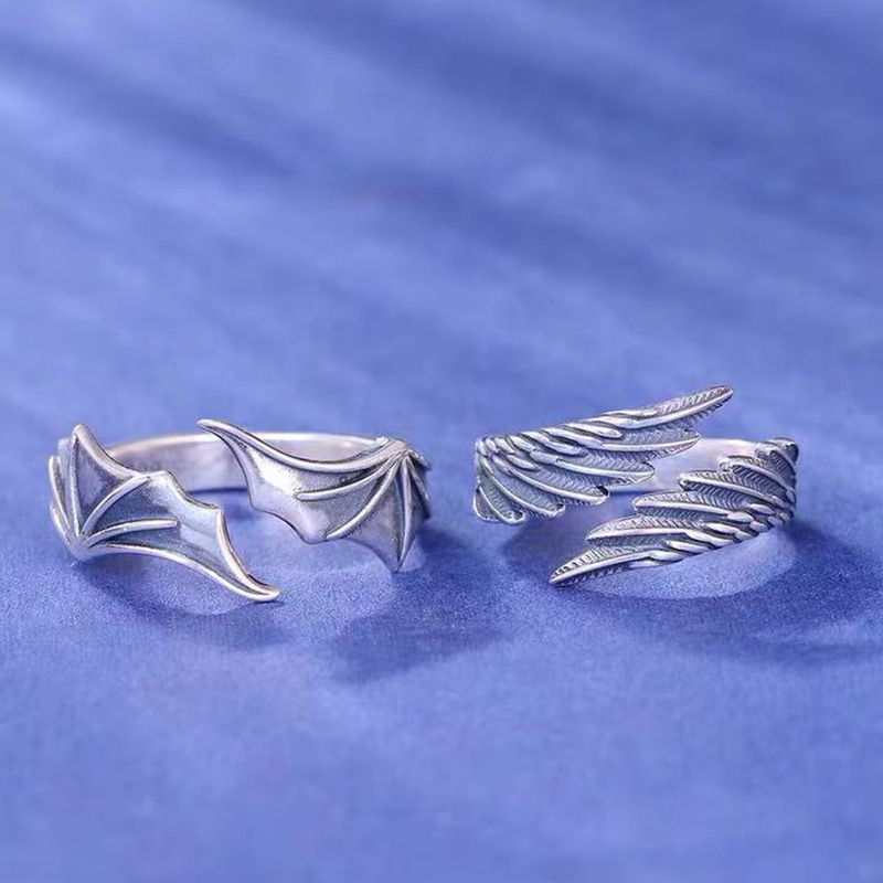 Angel Wings Retro Open Ring Set Para Amantes Mulheres Homens Design Ancient Silver Devil Wings Casal Anel Festa Jóias