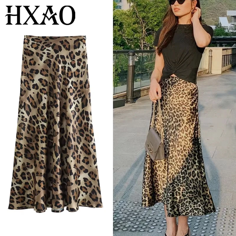 HXAO Falda Midi con estampado de leopardo para mujer, faldas largas elegantes de cintura alta para mujer, falda de satén Vintage de otoño, faldas elegantes para mujer