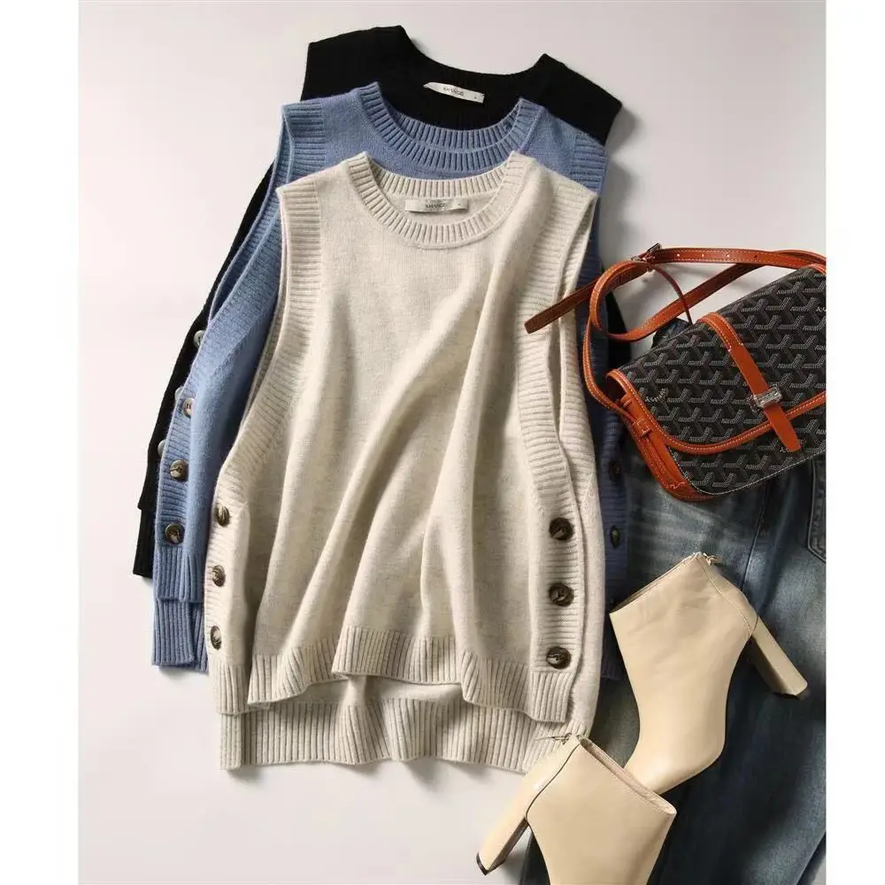 Pullover mit drei Knöpfen im College-Stil, Strickweste für Damen, einfarbig, O-Ausschnitt, ärmellos