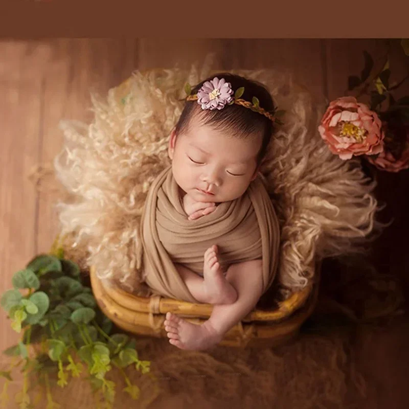 Newborn Photography Accessories Soft Fluffy Wool Background Blanket Shooting Posing Rattan Basket Studio Baby Photography Props