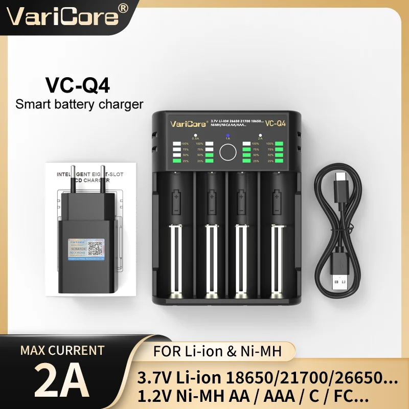 VariCore VCQ4 cargador de batería inteligente portátil de 4 ranuras para 3,7 V litio 18650 26650 21700 18500 18350 1,2 V NI-MH ni-cd AA AAA