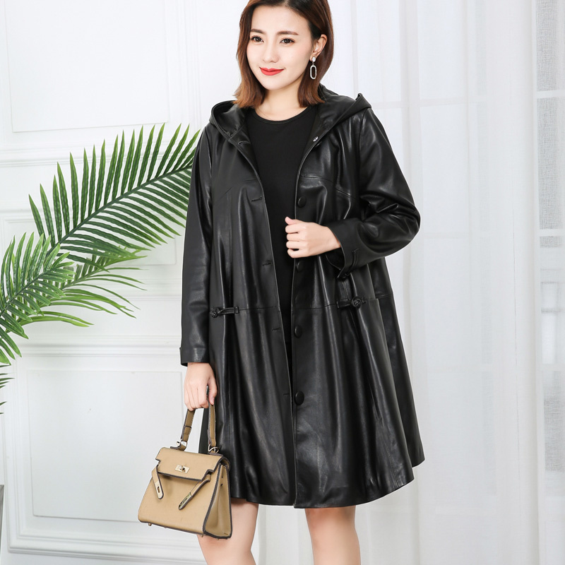 แจ็คเก็ตหนังแจ็คเก็ตหนังหนังแกะแท้มีฮู้ดสำหรับผู้หญิง Female2023เสื้อโค้ทโอเวอร์ไซส์สำหรับฤดูใบไม้ผลิฤดูใบไม้ร่วง