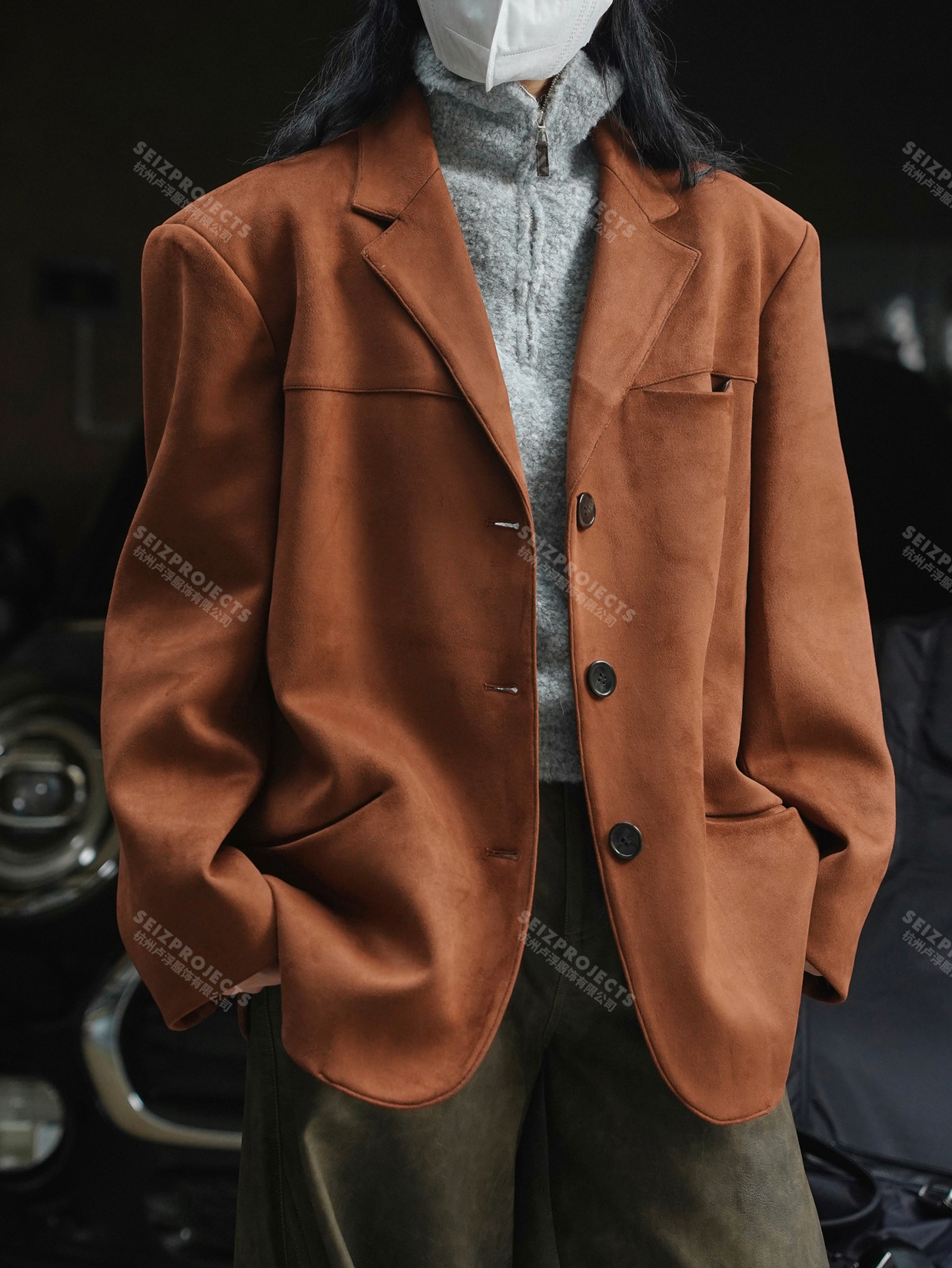 Winter gebogene Tasche übergroße Blazer jacke braun grün loser gerader Mantel für Frauen
