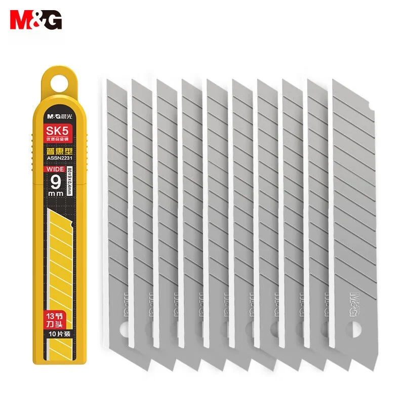 M & G 10 pièces 9mm petites lames de couteau d'artiste 13 lames SK5 lames en acier allié lames de remplacement pour fournitures de bureau boîte unique