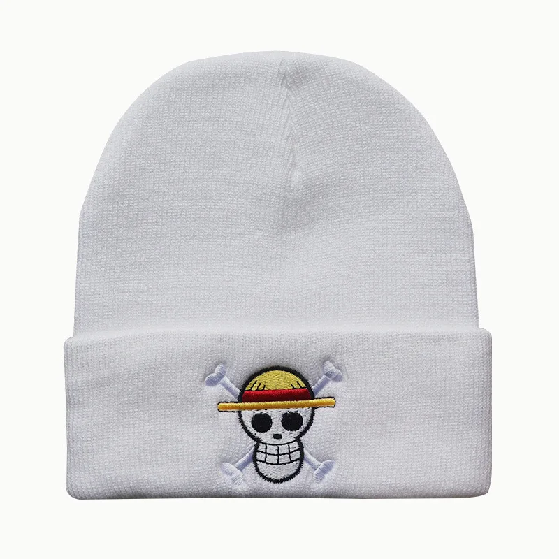 Nuevos gorros de una pieza para mujer, gorro cálido de otoño e invierno, gorros bordados de calavera de Anime Luffy para Cosplay, gorros tejidos Unisex, regalos