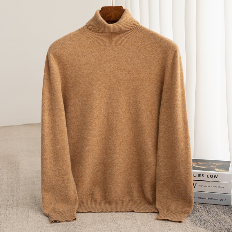 Suéter de lana merina de 100% para hombre, Jersey de punto con cuello alto, ropa cálida de Cachemira de Color sólido, Tops de fondo de negocios para Otoño e Invierno