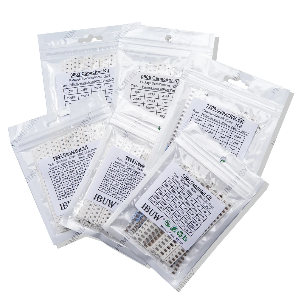 320 Uds 720 Uds 2500 Uds 0603 0805 1206 Kit de condensadores SMD Kit surtido 16/36/50 valores PUMUDSY 1PF ~ 1UF