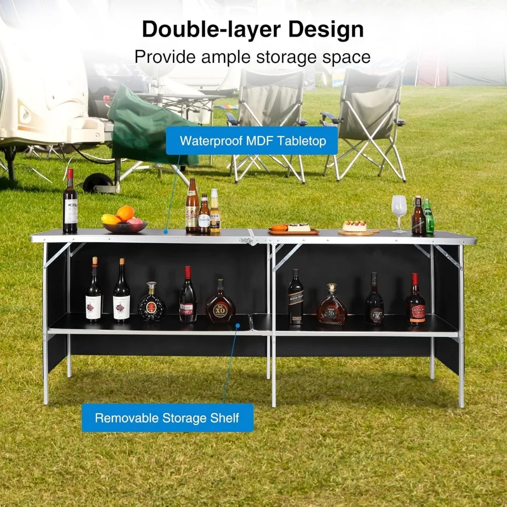82" Extra Long Portable Bar Table with Carry Bag & Oxford Skirt - Foldable Mobile Bartending Counter, Dual-Layer Storage, Waterp