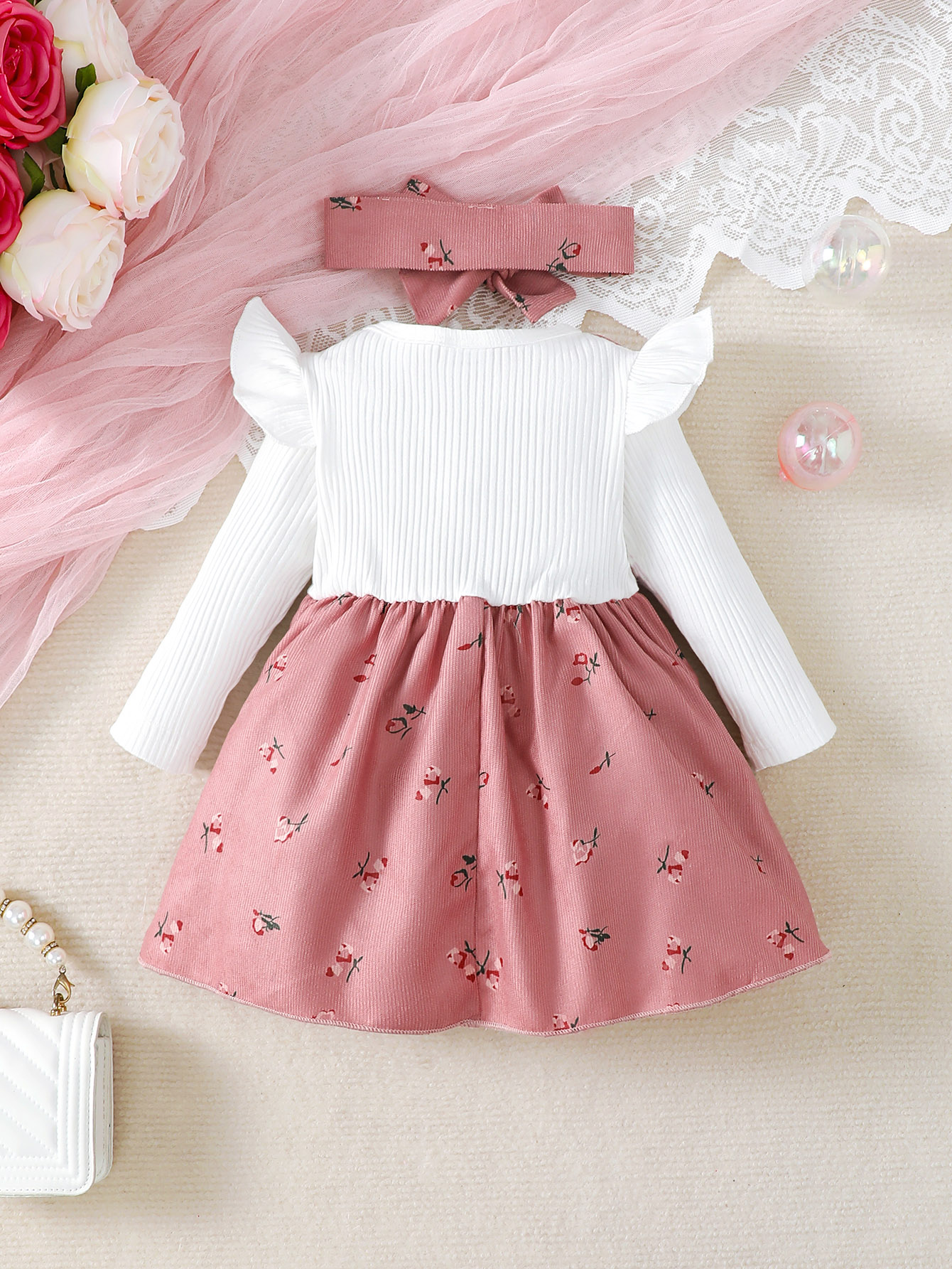 2 pz/set vestito da bambina per bambini Blocco colore Fiori spezzati Abito da principessa con fiocco grande + Fascia per capelli 0-24 mesi Vestito da moda per bambini