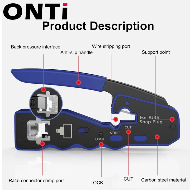 ONTi RJ45 Crimper Dụng Cụ Đi Qua Lọn Uốn Cho Lọn Uốn Cat8/7/6/5 Cat5e Cổng Kết Nối Với Lưỡi Dao Thay Thế Ethernet dao Rọc Cáp
