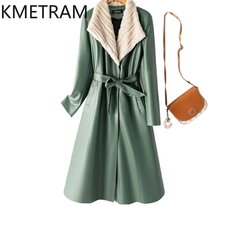 Kmestram แจ็กเก็ตหนังแกะแท้สำหรับผู้หญิง, เสื้อโค้ทผู้หญิงความยาวปานกลางคอเสื้อขนมิงค์90% ฤดูหนาว